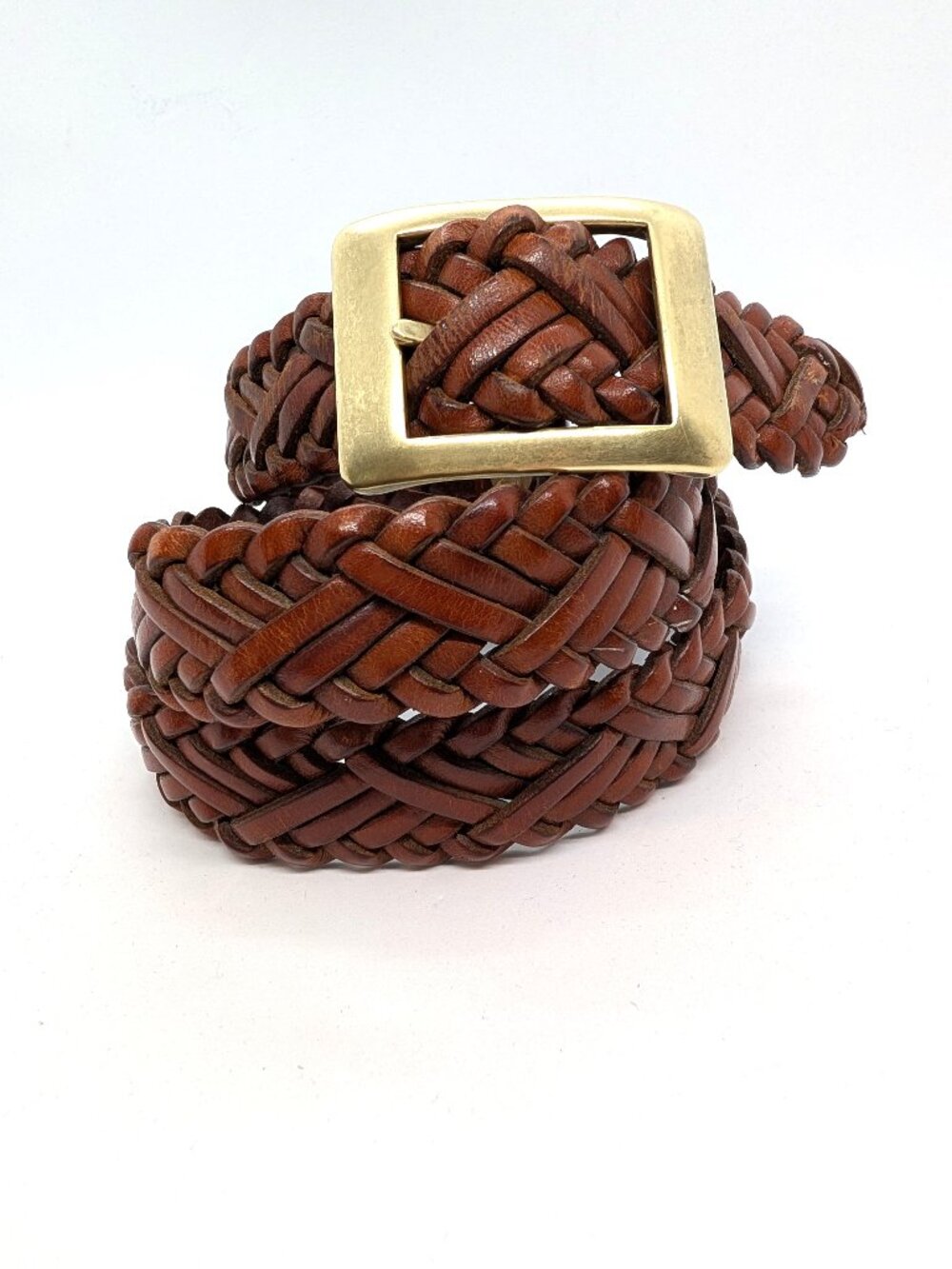 VTG Claiborne Belt Womens Size Medium Braided Brown Cognac Leather Brass Buckle